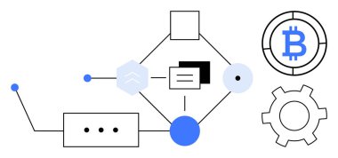 Geometrik şekiller, Bitcoin sembolü ve birbirine bağlı teçhizat blok zinciri, kripto para birimi ve iş akışlarını temsil eder. Engelleme eğitimi, fintech, veri akışı, geliştirme teknolojisi için ideal