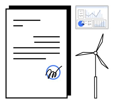 İmzalı belge, yenilenebilir enerjiyi sembolize eden rüzgar türbini ve analitik gösteren gösterge paneli. Sürdürülebilirlik, sözleşmeler, enerji, analitik, yenilenebilir kaynaklar için ideal