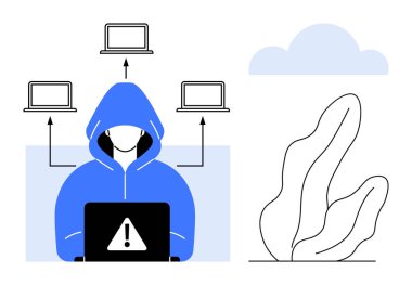 Kapüşonlu, laptoplu, uyarı alarmı veren, birden fazla cihaza bağlı bir adam. Teknoloji, internet güvenliği, siber suç, hack önleme, veri koruması, tehditler, basit iniş için ideal