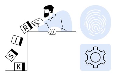 Risk bloklarını sabit tutan, parmak izi güvenliği temsil eden ve işlem optimizasyonu için teçhizat kullanan bir adam. Risk yönetimi, strateji, karar verme, yenilik, teknoloji, iş akışı için ideal basit iniş