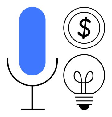 Mavi mikrofon, dolar işareti ve ampul podcast, yenilik, finansal hedefler ve medya üretimi. İçerik oluşturma, markalaşma, pazarlama ve beyin fırtınası için ideal