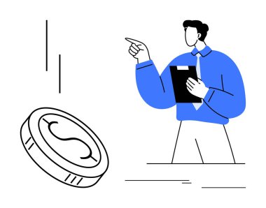 Resmi gömlekli bir adam elinde bir pano, bozuk paraya bakıyor, mali analiz ve kâr yönetimi öneriyor. Finans, yatırım, iş büyümesi, danışmanlık ve karar verme için ideal