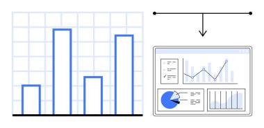 Veri eğilimlerini vurgulayan çubuk çizelgesi, grafikleri ve pasta grafiği olan bir panele bağlanıyor. Veri analizi, iş tahminleri, ilerleme izleme, karar verme süreci, analizler, eğilimler, basit