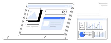Arama çubuğunu, resim önizlemesini ve tablet ile birlikte veri grafiklerini gösteren web sitesi düzenini gösteren dizüstü bilgisayar. Teknoloji, analitik, web tasarımı, SEO, araştırma, üretkenlik için ideal
