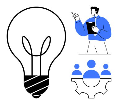 Yaratıcılığı vurgulayan büyük ampul, liderliği sembolize eden bir panoya sahip insan ve grup sinerjisini temsil eden takım çalışması dişlileri. Yenilik, takım çalışması, strateji, liderlik için ideal