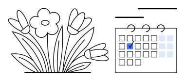 Takvimde tıklanabilir bir tarihle eşleştirilmiş bahçede çiçek açmak. Etkinlik planlaması, bahçıvanlık, programlar, organizasyon, bahar dönemi, doğal döngüler, düz basit metafor için ideal