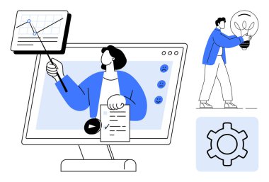 Çizelgeleri, kontrol listesi ve oyuncu unsurları olan bir bilgisayarda sanal bir sunum yapan kişi. Elinde ampul tutan kişi yeniliği temsil ediyor. Vites simgesi sembolize ayarları. İdeal