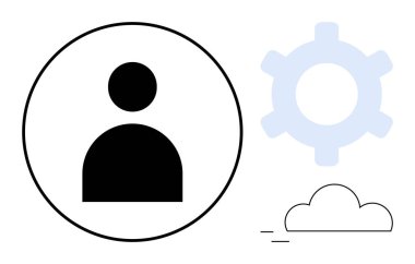 Dairedeki basitleştirilmiş kullanıcı profili simgesi, ayarlar için dişli, çevrimiçi erişilebilirlik için bulut. Teknoloji, kullanıcı arayüzü, profil, bulut depolama, hesap yönetimi, yazılım sistemi kurulumu için ideal