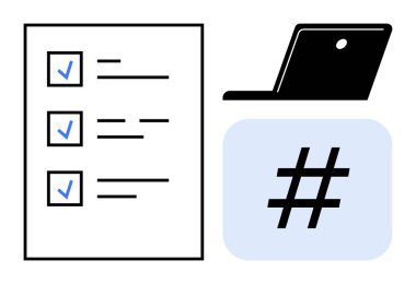 İşaretli görevleri olan kontrol listesi, açık dizüstü bilgisayar ve üstveri etiketi bloğu. Görev takibi, verimlilik, dijital çalışma alanı, sosyal medya, organizasyon, basit iniş sayfası için ideal