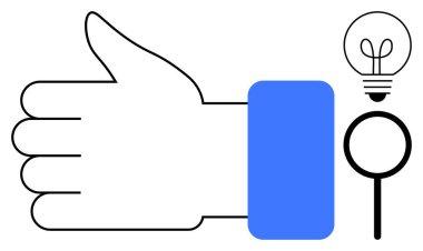 Büyüteç ve ampulle eşleştirilmiş, onayı, keşfi ve yeniliği sembolize eden büyük baş parmaklı el simgesi. Takım çalışması, üretkenlik, içgörü, yaratıcılık ve araştırma desteği için ideal