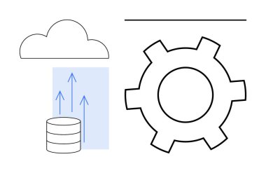 Bulut sembolü, yukarı doğru oklu veri tabanı yığını ve bulut depolama, veri entegrasyonu ve otomasyon işlemlerini temsil eden bir dişli. Teknoloji, otomasyon, veri depolama, bulut hesaplama için ideal