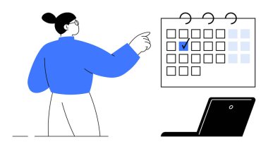 Açık bir dizüstü bilgisayarın yanında işaretlenmiş tarihi olan bir takvime bakan kişi. Planlama, zaman yönetimi, mühlet takibi, verimlilik, etkinlik organizasyonu, programlama için ideal, düz basit metafor