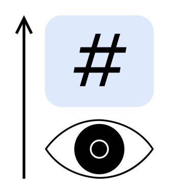 Yukarı doğru ok, açık mavi bir dikdörtgen içinde üstveri etiketi ve göz simgesi trend içeriği, izleyici odağı ve büyümeyi simgeler. Sosyal medya, analitik, pazarlama, markalaşma eğilimleri ve SEO için ideal