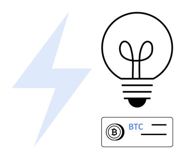 Yıldırım, enerji ve fikirleri sembolize eden bir ampul ve Bitcoin ödeme arayüzü kripto para, enerji verimliliği ve yenilik temalarını vurguluyor. Teknoloji için ideal, engelleme zinciri