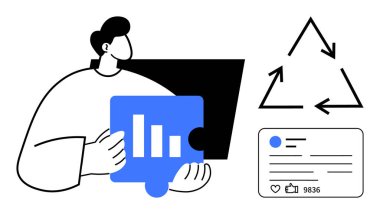 Elinde bir bar çizelgesi parçası, geri dönüşüm üçgeni ve sosyal medya paylaşımı tutan kişi. Veri analizi, sürdürülebilirlik, takım çalışması, dijital pazarlama, strateji, farkındalık için ideal
