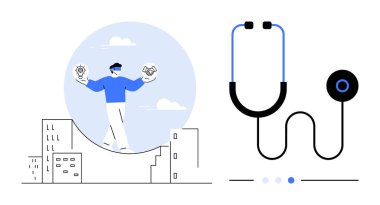 Bireysel tutuş teçhizatı ve el sıkışma ikonları, sağlık hizmetlerindeki yenilik ve takım çalışmasını temsil ediyor. Yanında büyük bir steteskop var. Tıp, takım çalışması, yenilik, kentsel yaşam, bakım, birlik için ideal