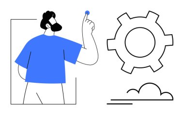 İnsan, konfigürasyonu, ayarları veya teknoloji optimizasyonunu temsil eden bir vitesle etkileşime girer. Teknoloji, yazılım, yenilik, üretkenlik, yaratıcılık, takım çalışması için ideal basit iniş sayfası