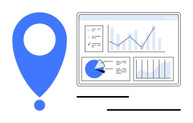 Grafikler, grafikler ve veri görselleri olan dijital bir gösterge panelinin yanında mavi konum iğnesi. Veri analizi, iş stratejisi, coğrafi konum belirleme, piyasa araştırması, izleme eğilimleri, veriye dayalı kararlar için ideal