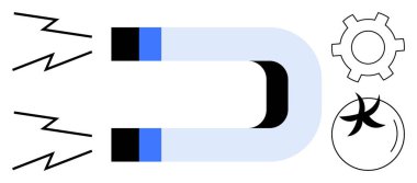 At nalı mıknatısı yanında parçacık ikonu ve teçhizatla enerji çekiyor. Yenilik, strateji, çekim, teknoloji, mühendislik, enerji akışı ve basit iniş sayfası için ideal