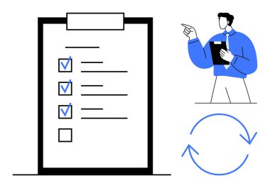 Tamamlanmış görevleri olan büyük bir kontrol listesi, elinde siyah bir dosya olan ve süreci sembolize eden dairesel oklar tutan bir yönetici. Üretim, organizasyon, görev yönetimi, iş akışı, verimlilik için ideal