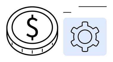 Bir vites simgesinin yanında dolar sikkesi, finansal sistemleri, para kazanmayı ve operasyonel verimliliği sembolize ediyor. Finans, iş, teknoloji, yönetim, optimizasyon finansal araçları için idealdir basit