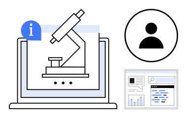 Dizüstü bilgisayar ekranında mikroskop grafiği, kullanıcı profili simgesi ve çizelge ve arama ile birlikte veri paneli. Bilim, araştırma, analitik, eğitim, çevrimiçi araçlar, teknoloji sade iniş sayfası için ideal