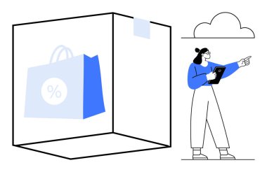 Tabletli kadın, ekomünikliği sembolize eden, indirimli bir alışveriş çantasının üzerine çizilmiş büyük bir kutuyu işaret ediyor. Pazarlama, çevrimiçi perakende, alışveriş analizi, satış, indirim planlama için ideal