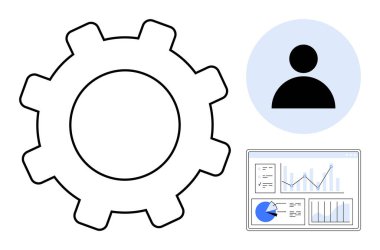 İşlem için vites sembolü, bireysel profil için kullanıcı simgesi ve performans ölçümleri için analitik gösterge paneli. Çalışma akışı, takım çalışması, veri analizi, iş stratejisi, teknoloji, üretkenlik için ideal