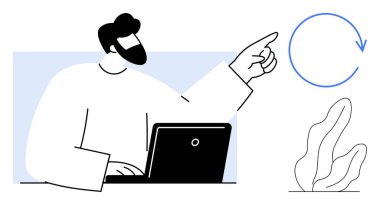 Dizüstü bilgisayarlı bir adam dairesel bir oku işaret ederek bir süreç döngüsünü sembolize ediyor. Takım çalışması, üretkenlik, süreç yönetimi, iş stratejisi, yenilik, hedef izleme, basit iniş için ideal