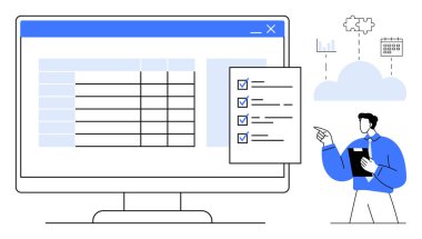 Bir kontrol listesindeki ögeleri işaretlerken bilgisayar ekranında gösterilen verileri gözden geçiren kişi. Bulut, entegrasyon ve program simgeleri takım çalışması, veri, strateji ve üretkenliği vurgular. İdeal