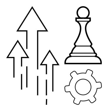 Yukarı bakan oklar, bir satranç piyonu ve büyümeyi, stratejiyi, yeniliği ve ilerlemeyi temsil eden bir vites. İş için ideal, liderlik planlama verimlilik optimizasyon takım çalışması. Basit.