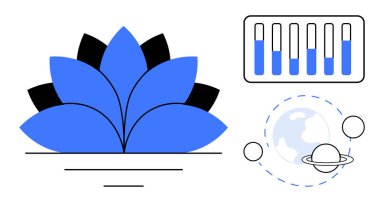 Simetrik yapraklı mavi nilüfer çiçeği, çubuk grafiği görselleştirme ve Dünya 'nın yörüngesinde bir gezegen. Büyüme, meditasyon, teknoloji, analiz, çevre, uzay keşfi için ideal basit