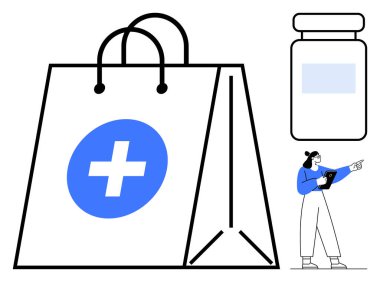 Tıbbi haçlı büyük bir çanta, tıbbı sembolize eden bir şişe, not defterli bir kadın eczacı. Sağlık hizmetleri, tıbbi malzemeler, eczane, e-ticaret, online siparişler, teletıp sade iniş için ideal