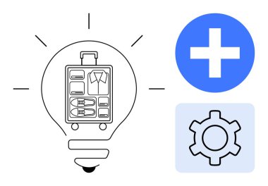Ampulün içine yerleştirilmiş bavul seyahat planlama, verimlilik ve yaratıcılığı simgeliyor. İlave mavi artı ve vites yeni fikirleri, işlevselliği temsil ediyor. Üretkenlik, seyahat hacklemeleri, planlama için ideal