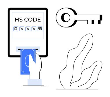 HS kodu, dijital anahtar sembolü, minimum organik bitki dekoru gösteren makineye elle para yerleştirmek. Ecommerce, ödeme güvenliği, veri şifreleme, çevrimiçi ticaret, gümrük işlemleri için ideal