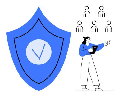 İşaretli mavi kalkan, grubu işaret eden tablet taşıyan kadın, güvenliği, işbirliği ve takım çalışmasını temsil ediyor. Siber güvenlik, takım eğitimi, toplum güvenliği ve danışmanlık yönetimi için ideal