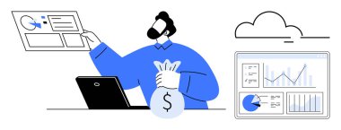 Elinde dolar işareti olan bir çanta tutan, ekranda finansal verileri analiz eden, bulut tabanlı veri ve grafikler gösteren bir adam. Finans, teknoloji, veri yönetimi, yatırımlar, analitikler ve bilgi grafiği için ideal