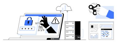 Kilitli verileri gösteren dizüstü bilgisayar, anahtarlara, hata simgesine, veritabanı yığınına, buluta, hareketli döndürücüye, belgeye erişmeye çalışıyor. Siber güvenlik ve veri koruması için ideal bulut depolama dolandırıcılığı önleme