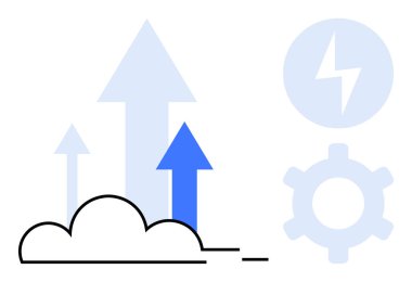 Arkaplanda yıldırım simgeleri ve teçhizatla buluttan yükselen oklar. Bulut teknolojisi, yenilik, büyüme, üretkenlik, teknolojik gelişmeler, veri akışı, çözümler için idealdir. Düz basit metafor