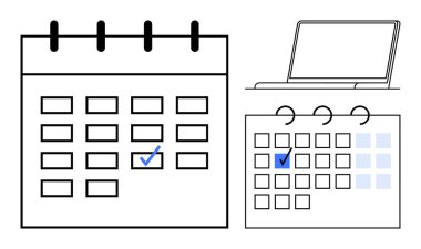 İşaretli tarihli takvim, dijital planlama için dizüstü bilgisayar ve sadeleştirilmiş ızgara düzeni. Proje planlama, verimlilik, organizasyon, zaman yönetimi, proje planlaması, görev izleme dairesi için ideal
