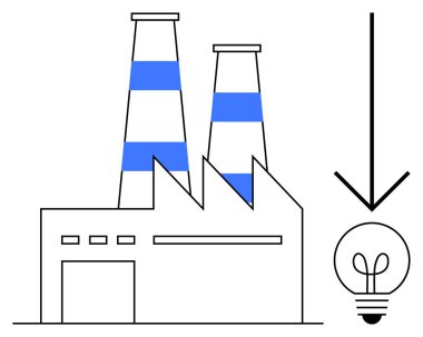 Bir ampul ve aşağı bakan bir okla temsil edilen enerji üreten iki bacası olan sanayi fabrikası. Enerji üretimi, yenilik, verimlilik, sürdürülebilirlik, imalat ve teknoloji için ideal