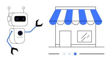 Robot mağaza vitriniyle ilgileniyor, perakende, otomasyon, e-ticaret, yapay zeka çözümleri, dijital pazarlama, çevrimiçi alışveriş, müşteri ilişkileri teknolojisini sembolize ediyor. Teknolojik yenilik için ideal basit