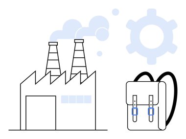 Duman yayan bacaları, vites sembolü ve sırt çantası olan bir fabrika binası. Endüstriyel imalat, eğitim, yenilik, üretim, eğitim işgücü teknolojisi için idealdir. Düz basit metafor