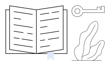 Metin, kurdele yer imi, klasik anahtar ve stilize bitki içeren açık bir kitap. Öğrenim, eğitim, erişim, okuma, araştırma yaratıcılığı keşfi ve basit bir iniş sayfası için ideal