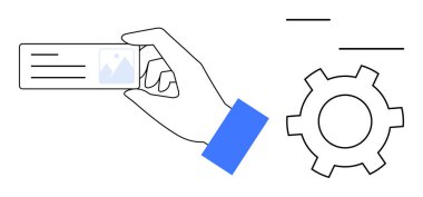 Üzerinde vites sembolü olan metin ve görüntü düzeni olan bir kart tutuyorum. Ağ oluşturma, iş kurma, teknoloji, süreç yönetimi, organizasyon, yaratıcılık için ideal, basit iniş sayfası