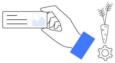 Elinde havuç ve vites sembolü ile eşleştirilmiş metin ve resim tutacağı olan bir kart var. Sürdürülebilirlik, basitlik, tarım, sağlık, iş kimliği, yenilik ve basit iniş için ideal