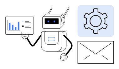 İnsanımsı robot analitik paneli elinde tutuyor, ayarlar için dişli sembolü, iletişim için posta zarfı. Teknoloji, otomasyon, yapay zeka, üretkenlik, analitik, iş akışı için ideal basit iniş