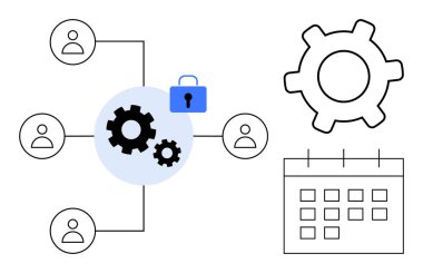 Kullanıcıları merkezi kilit sembolüne bağlayan dişliler, güvenli bir işbirliğini temsil ediyor. Takvim ve çark unsurları takım çalışması, planlama ve verimliliği akla getiriyor. İletişim ve güvenlik için ideal