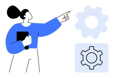 Tablet tutan ve vites kollarını gösteren bir kadın. Yenilik, takım çalışması, strateji, teknoloji, iş akışı, karar verme, basit iniş sayfası için ideal