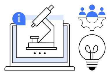 Dizüstü bilgisayar ekranında mikroskop, takım simgeleriyle donatılmış ekipman ve araştırma, işbirliği, keşif, yenilik, eğitim, teknoloji ve takım çalışmasını vurgulayan ampul. Basit bir bilim dalı için ideal.